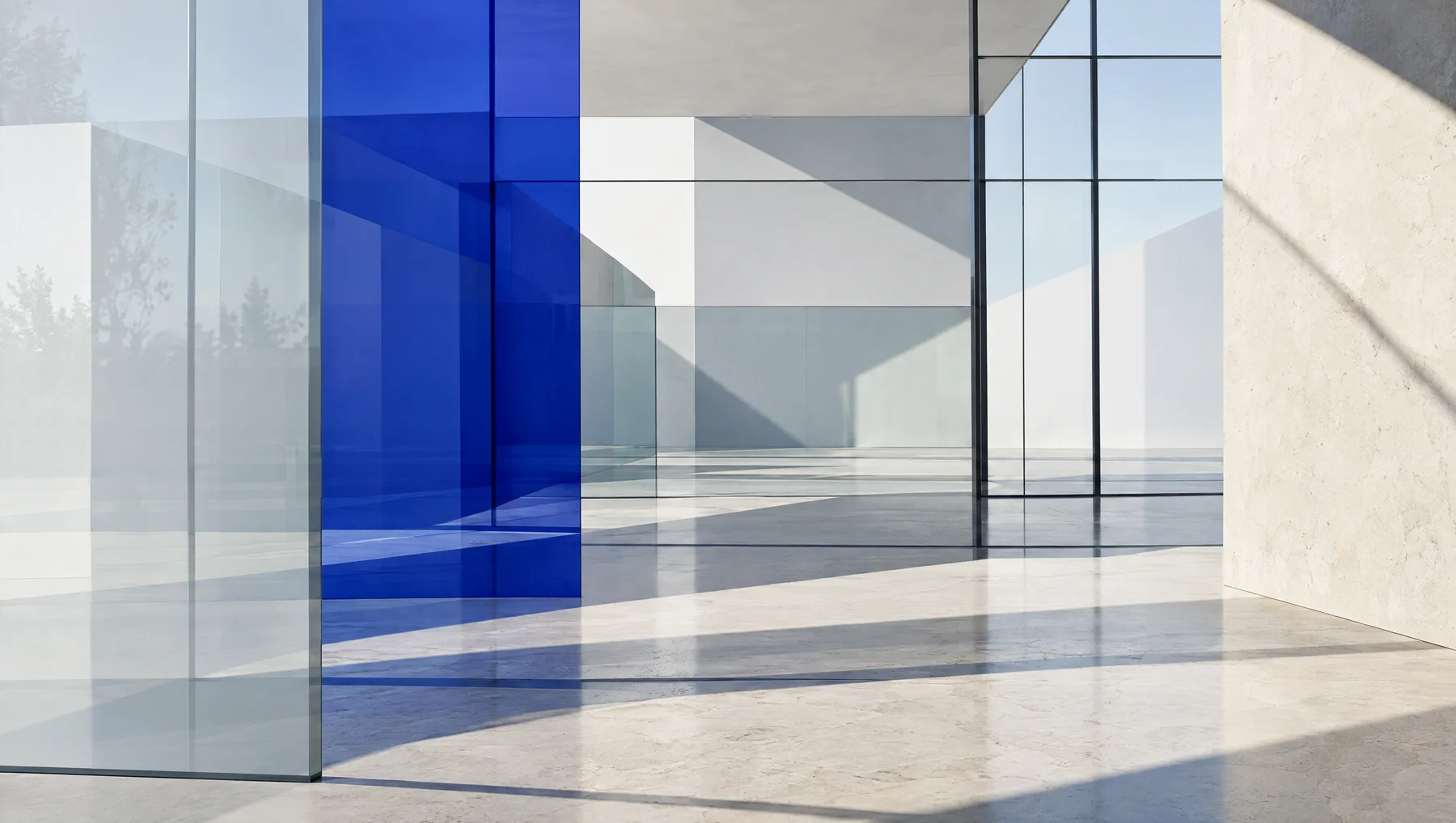 Layered architectural glass and cobalt planes